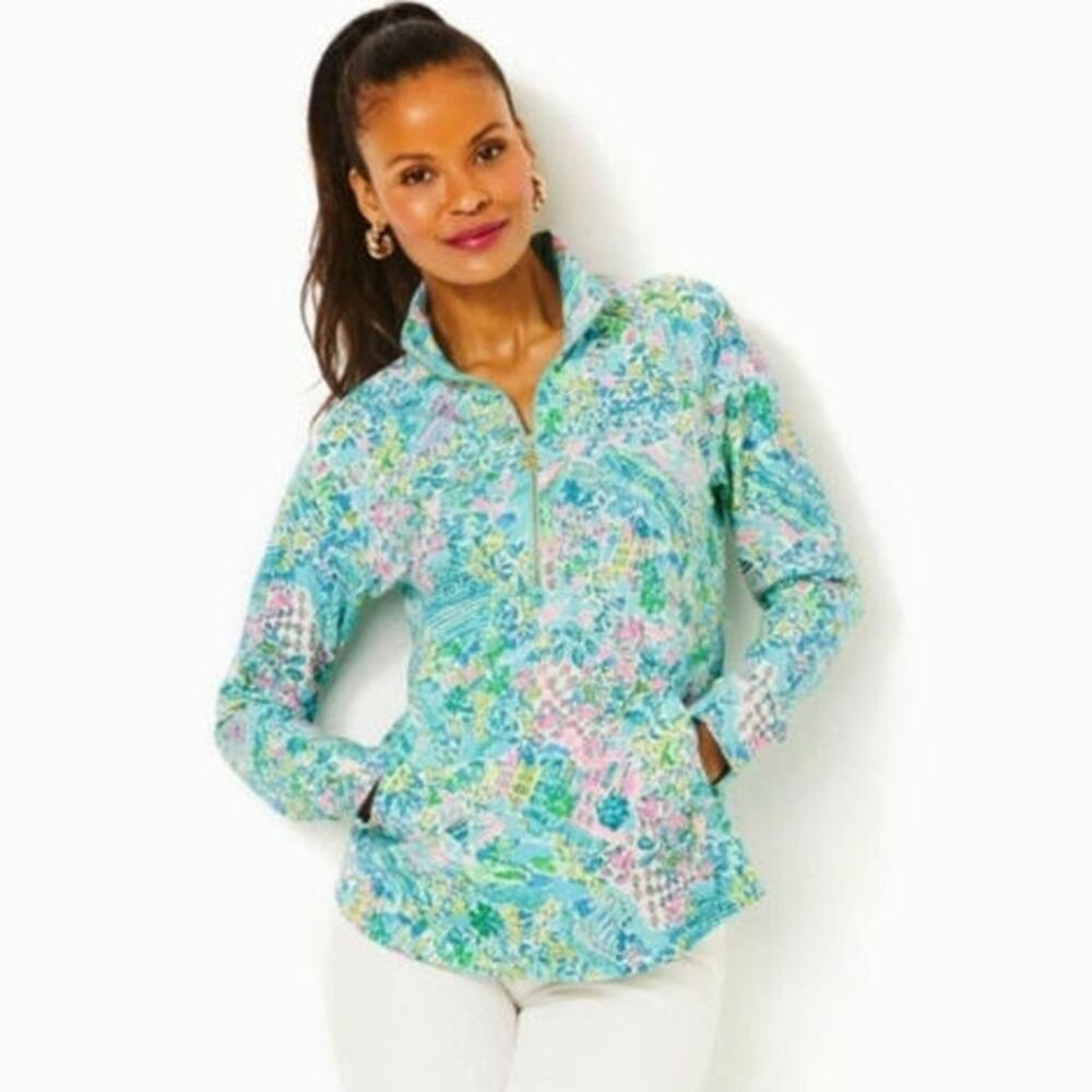 Lilly Pulitzer Aqua Multi-Color Floral Half-Zip Pullover